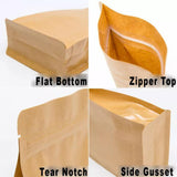 50 Pcs Kraft 8 Side Seal Stand Up Barrier Pouches, Zip Lock Bags, Heat-Sealable, Tear Notch, Gusseted Flat Bottom, Waterproof, Food Grade